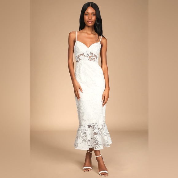 Lulu's Dresses Definition Of Romance Ivory Lace Trumpet Midi Dress